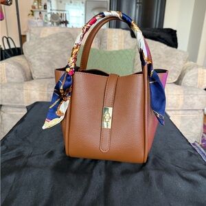 ** SOLD ** Brown Leather Handbag with Scarf Accent